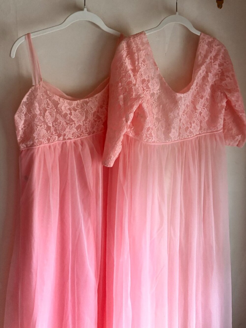 RARE Vintage Pink Peignoir Set Lace Nightgown Robe Sheer Lingerie